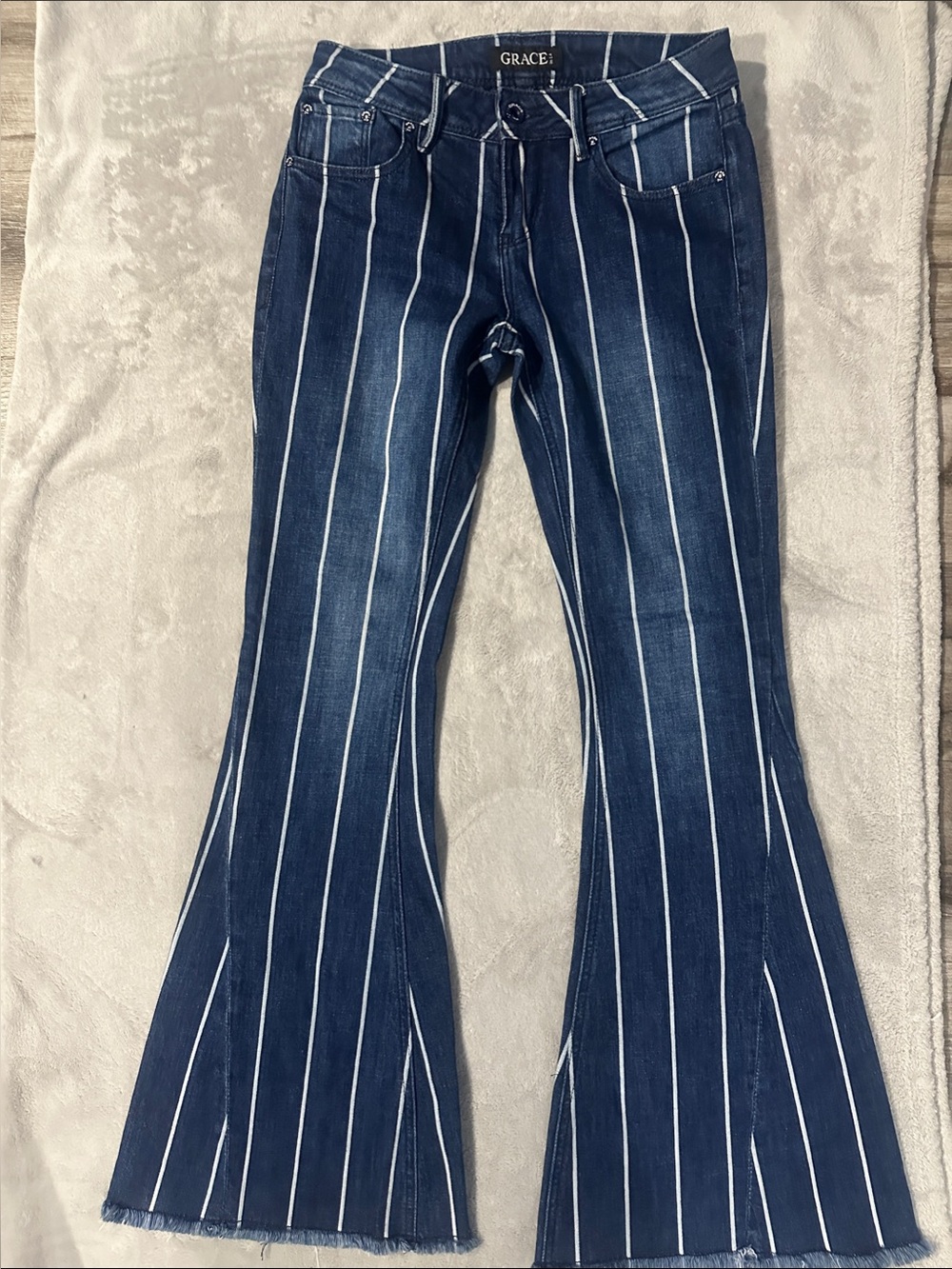 Grace Navy Jeans with White Pinstripes — Flare Wide Leg